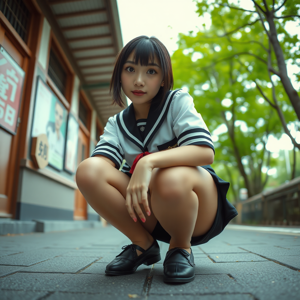 photo low angle POV full body view Japanese woman squatting wearing seifuku uniform looking down at viewer