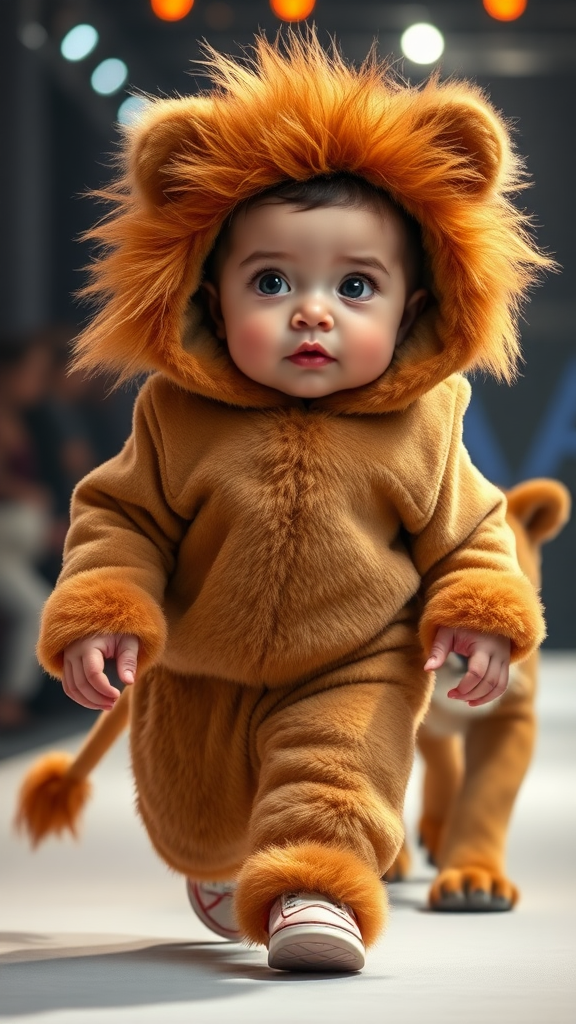 A cute small chubby fair baby with big eyes, pink lips, and pink cheeks, wearing a furry cozy lion costume, doing a ramp walk in a fashion show, walking with a real lion while holding a lion with one hand, cinematic.