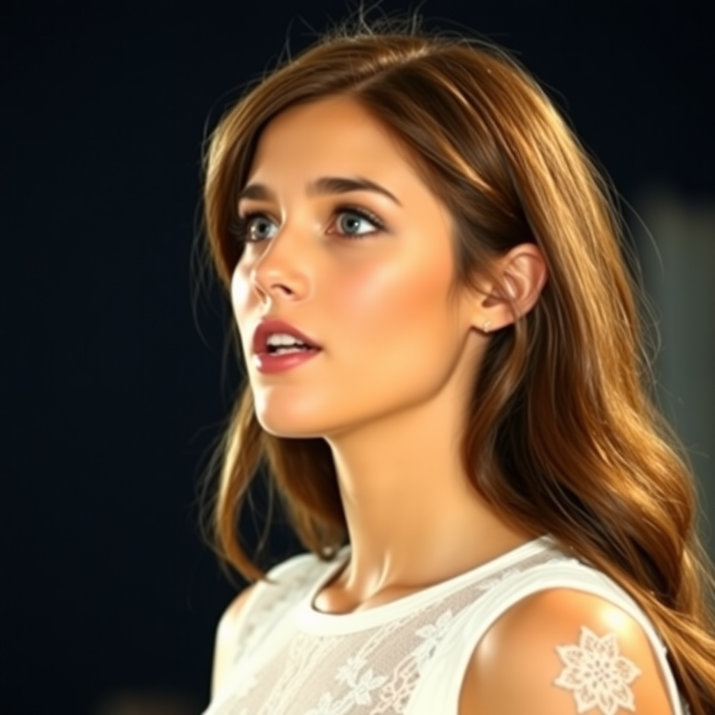 a young woman singing. she is looking like lucy thomas. long brunette hair with highlights, narrow pale blue eyes. suntanned skin. small lips with pale dark red lipstick. looking to the side. wearing a white dress with transparent lace. view from far. night sky in background. photo