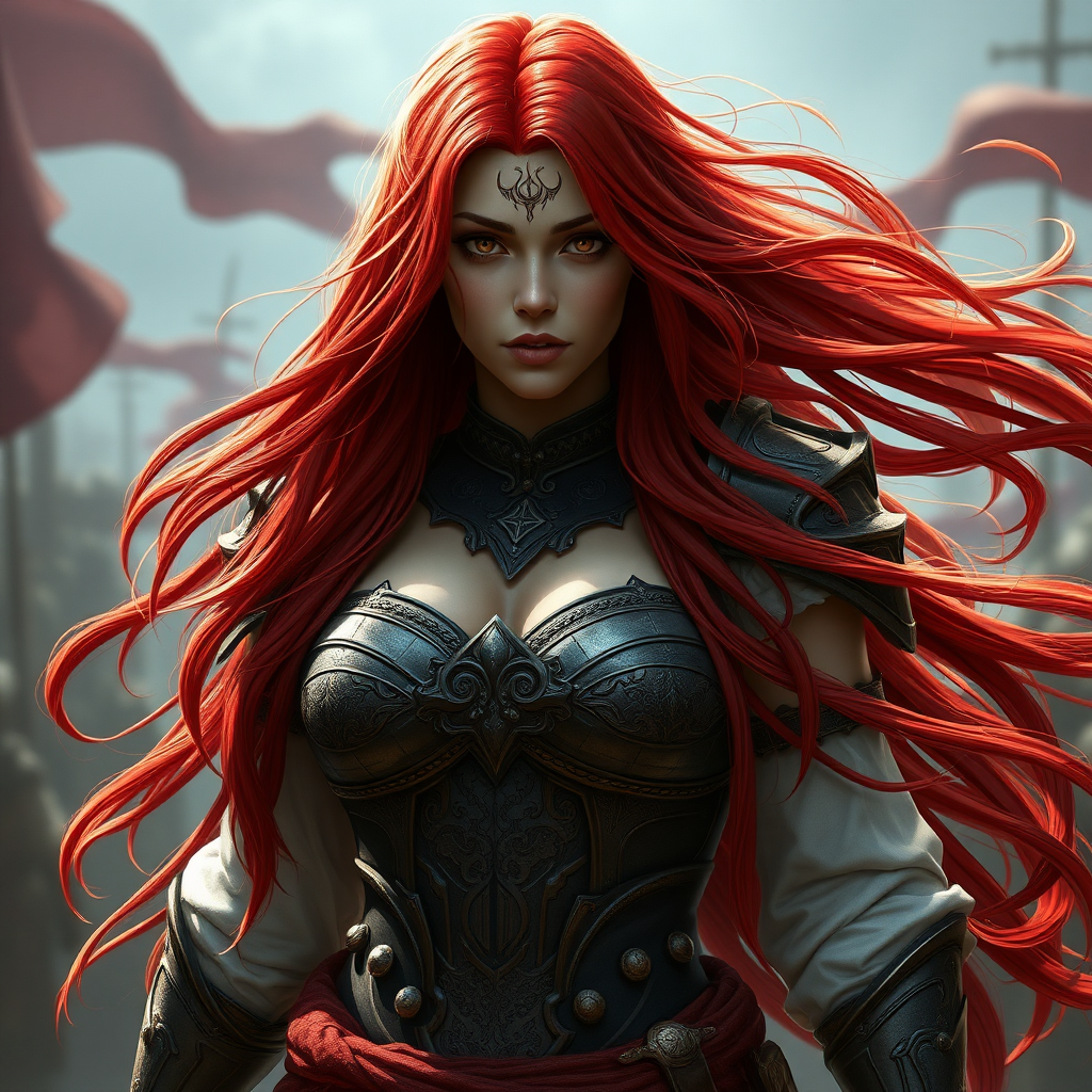 A female warrior with a magnificent chest from the Aasimar race, long flowing red hair, heroic fantasy, 16K, photorealistic, the background should be a battlefield.