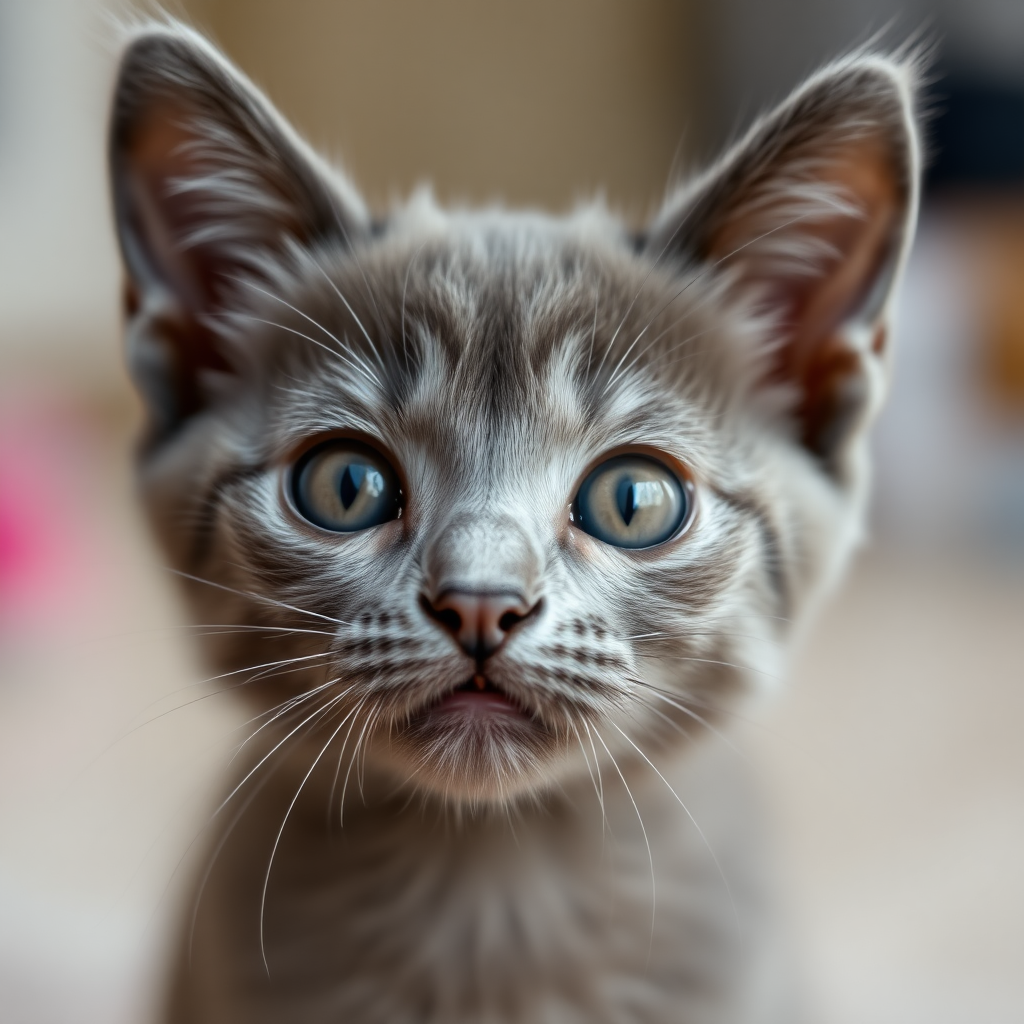 closeup of a russian blue kitten's face while it looks closely at the camera asking for cheese