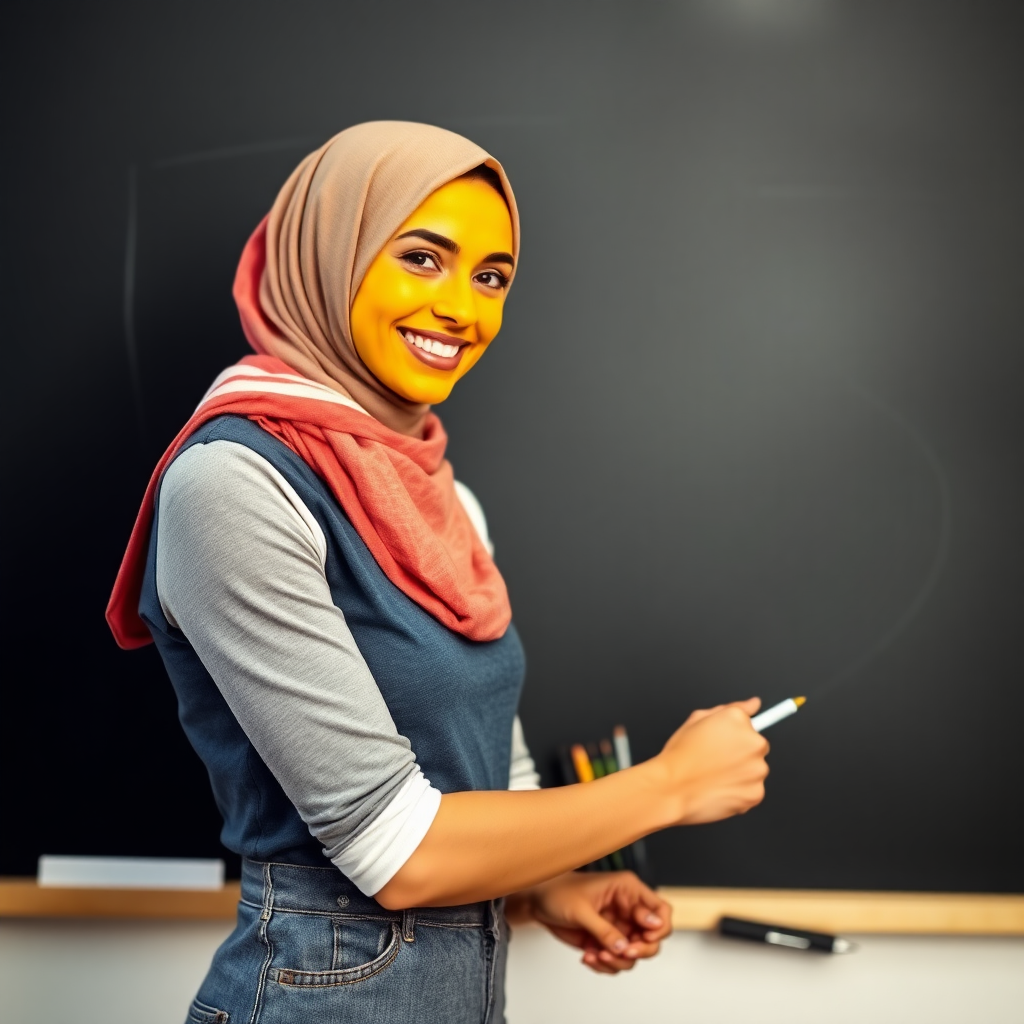 slim, 30 year old, sexy, french female school teacher, short scarf head, turmeric face pack. She is smiling and teaching on a blackboard