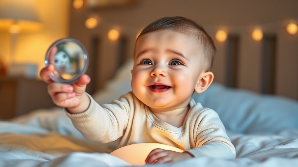 A baby holding a looking glass in hand at night on the bed, baby happy to see that animation.