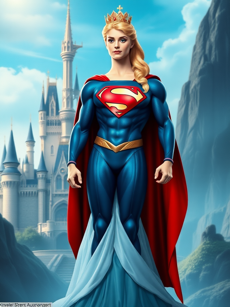 Generate a full-length image of Princess Aurora with the body type of Superman, while keeping her head intact. Make modifications to her body traits, such as enhancing her muscular structure, to match Superman's physique. Additionally, create an appropriate background that suits both characters, such as a blend of a fairytale castle and a futuristic cityscape. Please ensure the image is detailed, well-lit, and visually appealing.