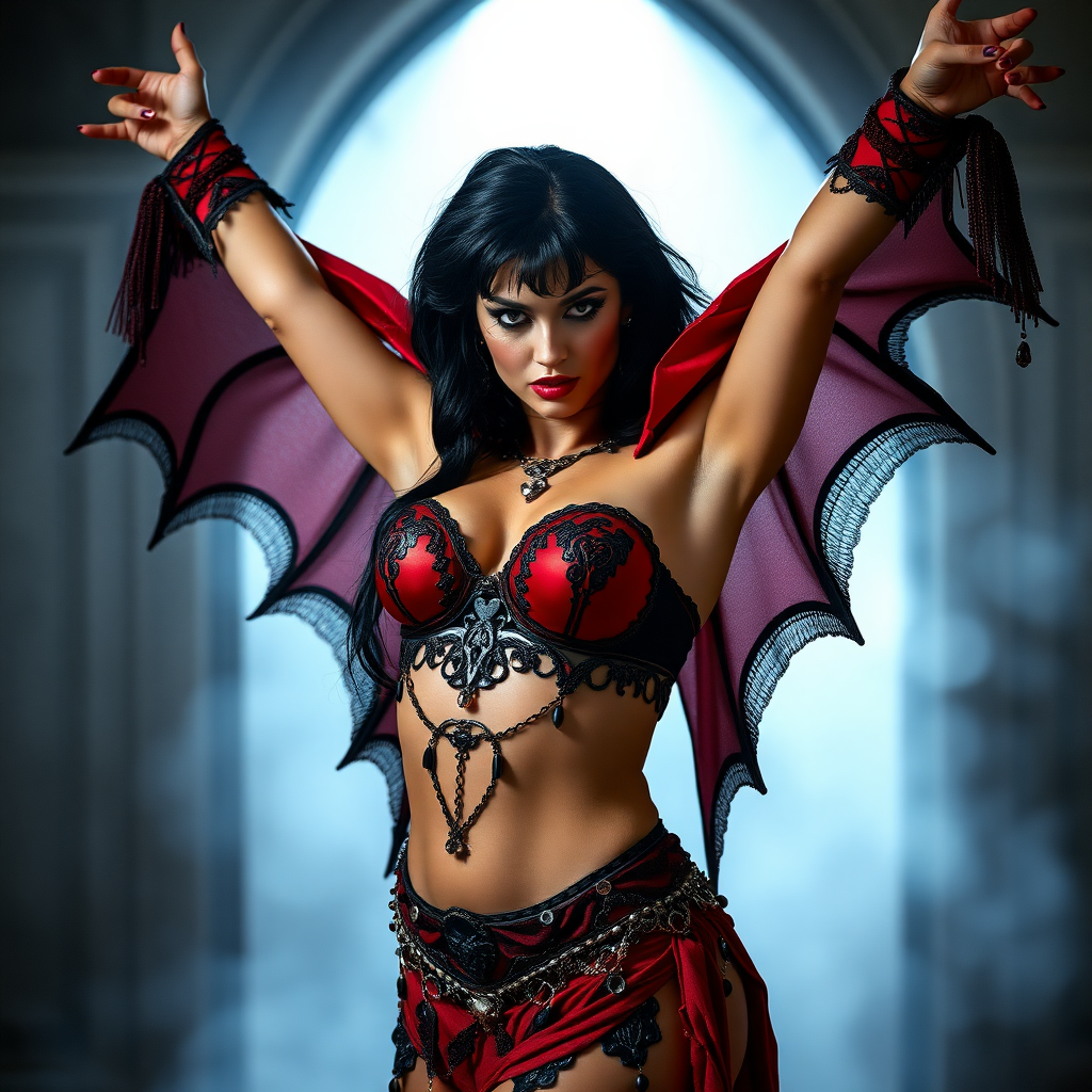 imagine: Vampirella both arms up menacingly at the viewer intensely with one arm up high in the air. She's wearing a Vampirella themed sexy belly dancing outfit with insane detailing. Cosplayed by a Romanian dancer.