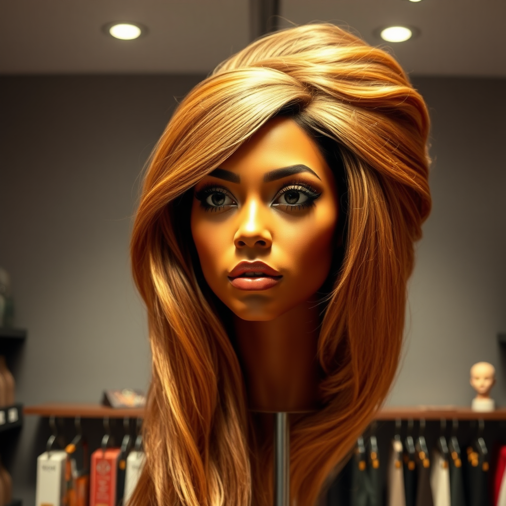 In a well lit, eccentric long hair fetish store, a strikingly unique and surreal display draws attention: the real live, flesh-and-blood disembodied head of a stunning woman reminiscent of Beyoncé, her long, flowing hair cascading like a silky waterfall around her neck. The luxurious strands shimmer with intricate highlights, ranging from deep ebony to sun-kissed gold, accentuating her perfectly sculpted features. Her captivating, dark eyes glisten with an enigmatic allure, expressing an uncanny mix of grace and mischief.

The background is a plain, muted gray, contrasting sharply with the vibrant beauty of the head and her extravagant hair, allowing viewers to fully focus on the astonishing sight.

The shop’s interior is designed to celebrate the beauty and allure of very long hair.