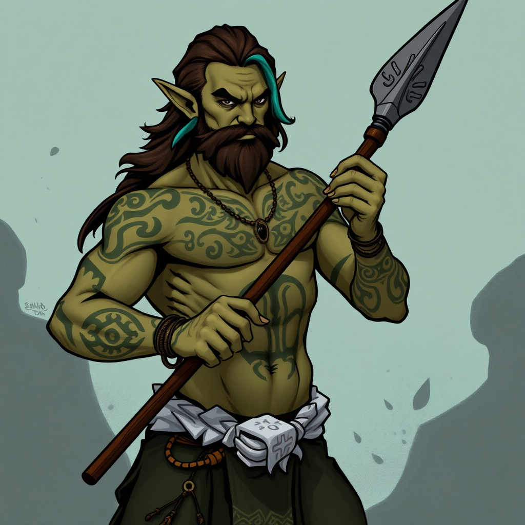 A comic style painted DND Maori Sea Elf, with a muscular body, traditional Maori tattoos, olive-green skin color and he's wielding a spear, dark brown hair with teal highlights and a dark brown beard.