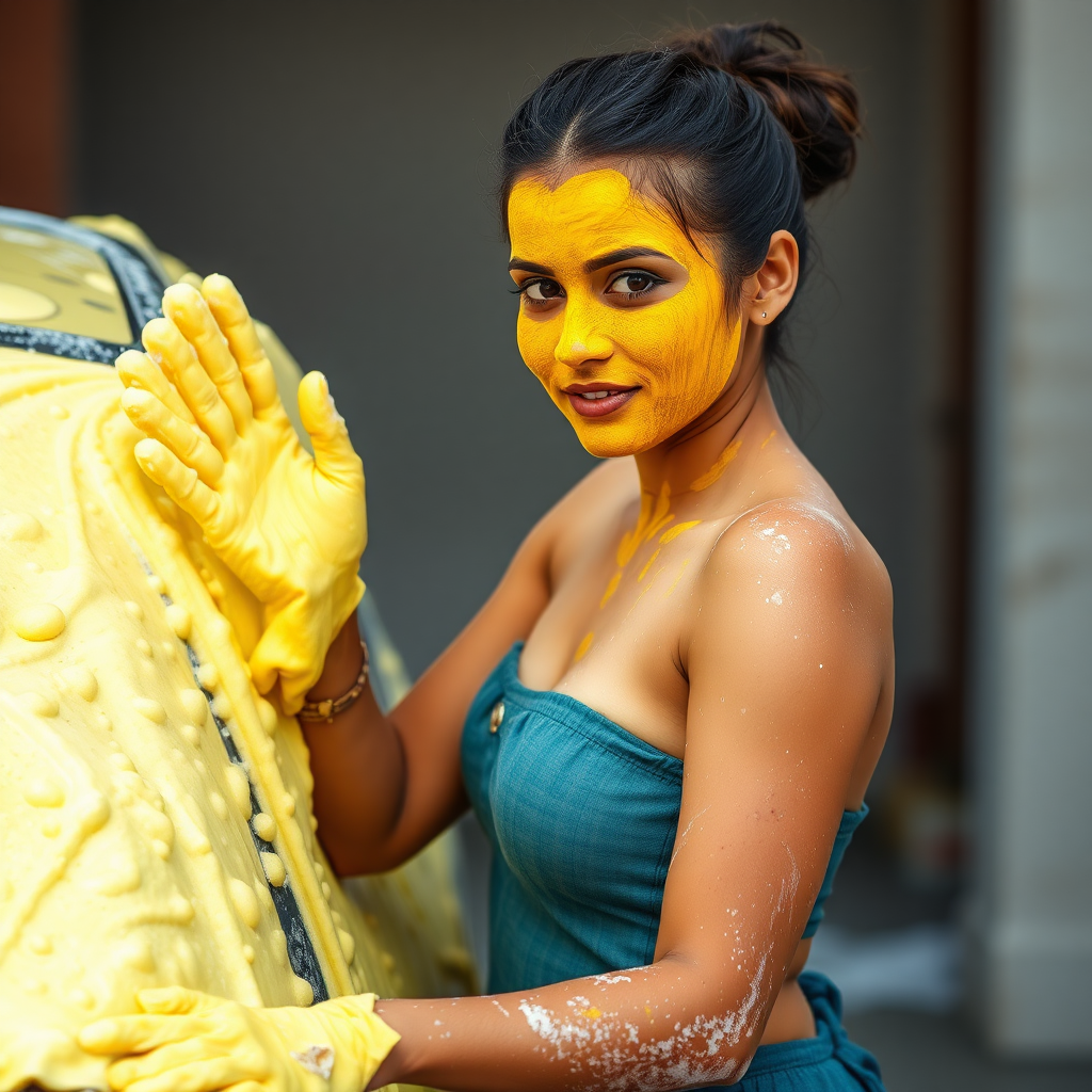 slim, curvy, 30 year old indian maid with hair covering bun, her face is covered with turmeric mask and body is covered with soap lather. she is washing a car