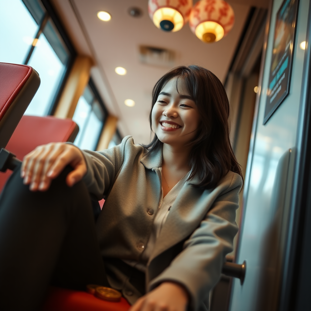 photo low angle full body shot beautiful xiaomeimei looking down. She is sitting on a chair. she is grinning. her arms are on the armrests. there is a token on the ground in front of the chair