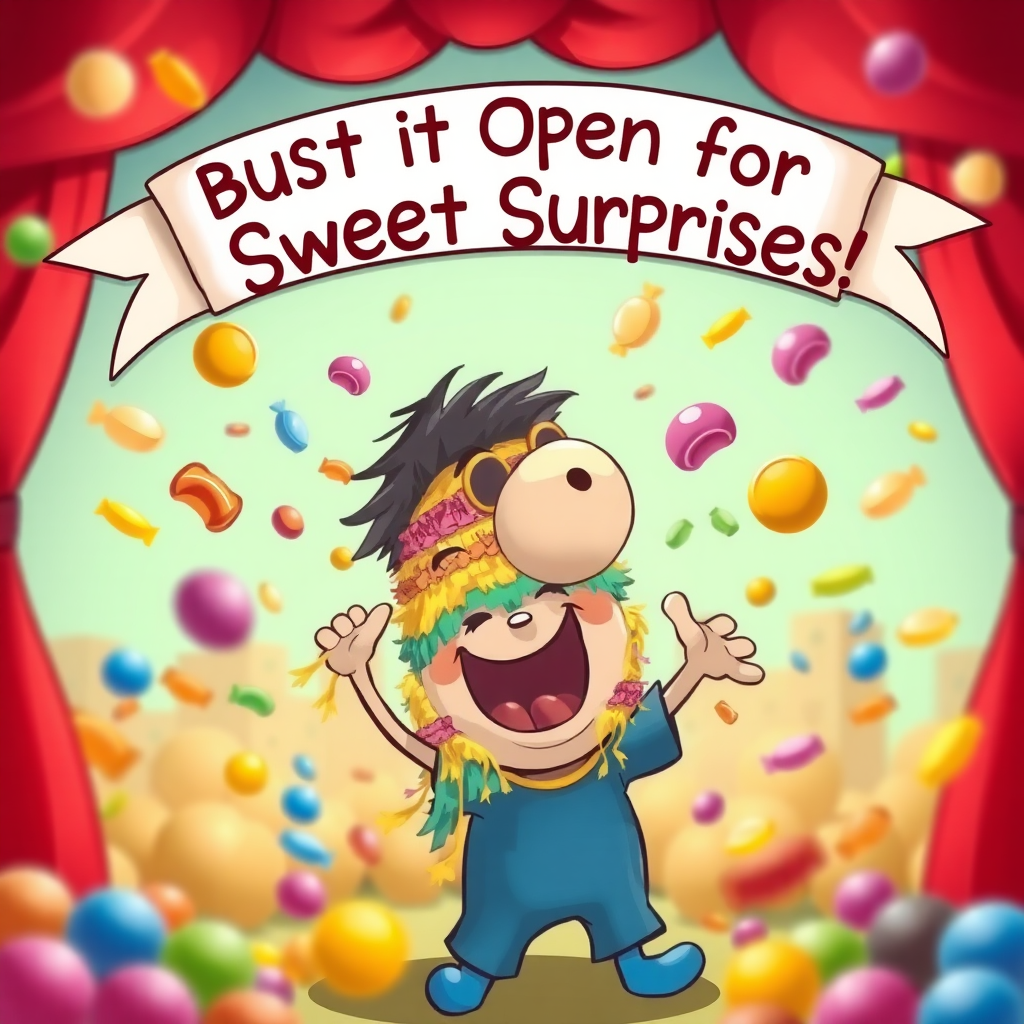 An imaginative scene of a cartoon character comically attempting to break a piñata, surrounded by colorful candy flying in the air, with a whimsical banner overhead reading, "Bust It Open for Sweet Surprises!"