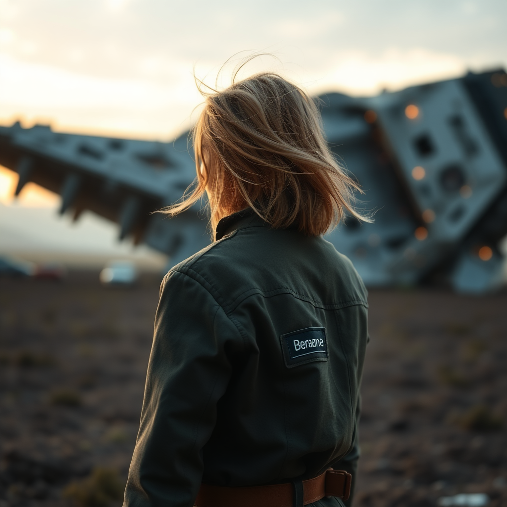 A full body shot from behind of a pretty twenty-something female with a face resembling (Ana de Armas). Strawberry blonde messy shoulder-length hair tussled by wind. Military outfit, "Benaenae" badge on the breast pocket. It is dawn. There is a giant crashed spaceship out of focus in the background. Hyper-realistic, photorealistic digital matte painting, soft focus, film grain, lens flare. Gritty, dirty, scuffed.