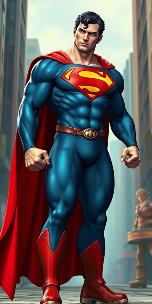 Create a full-length image of Superman, unexpectedly transformed into Cammy White from the Street Fighter universe due to a multiverse shift. Depict him in a moment of bewilderment, struggling to adjust to his new body and the loss of upper body strength. Show him trying to steady himself, dealing with the unfamiliar feelings and lower center of gravity. He should still have his traditional Superman colors (blue, red, and yellow) incorporated into Cammy's attire. His facial expression should convey confusion and determination. The background can be a blend of Metropolis and Street Fighter's urban settings to reflect the multiverse merge.