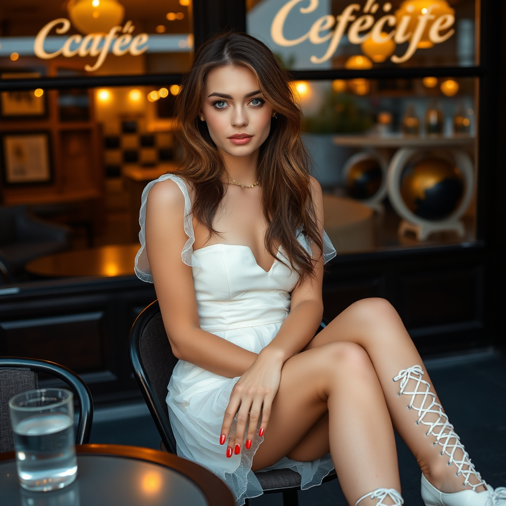 A young woman with brunette hair, pale blue eyes, wearing a translucent white dress and white lace-up high heels. She is sitting in front of a café at a table. A cup of steaming coffee and a small glass of water on the table. Late evening. Photo.