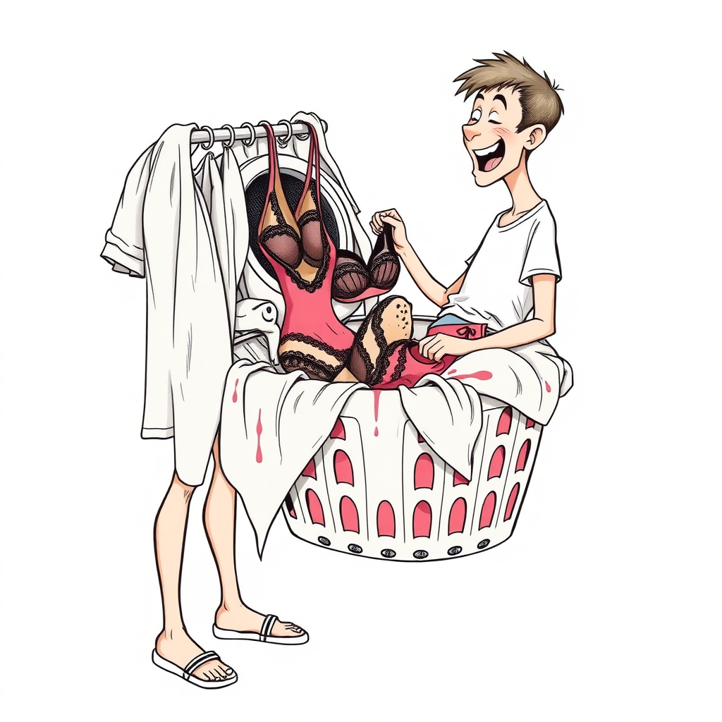 nervous short 20 year old european skinny man, short white t-shirt, standing, stunned, mesmerized, joyful, heavy drooling, fumbling through a dirty laundry basket full of sexy woman stained lingerie, detailed fabric, side view, shoes, detailed feet, 2D, caricature, cartoon, Sketch lines, coloring book, coloring book,