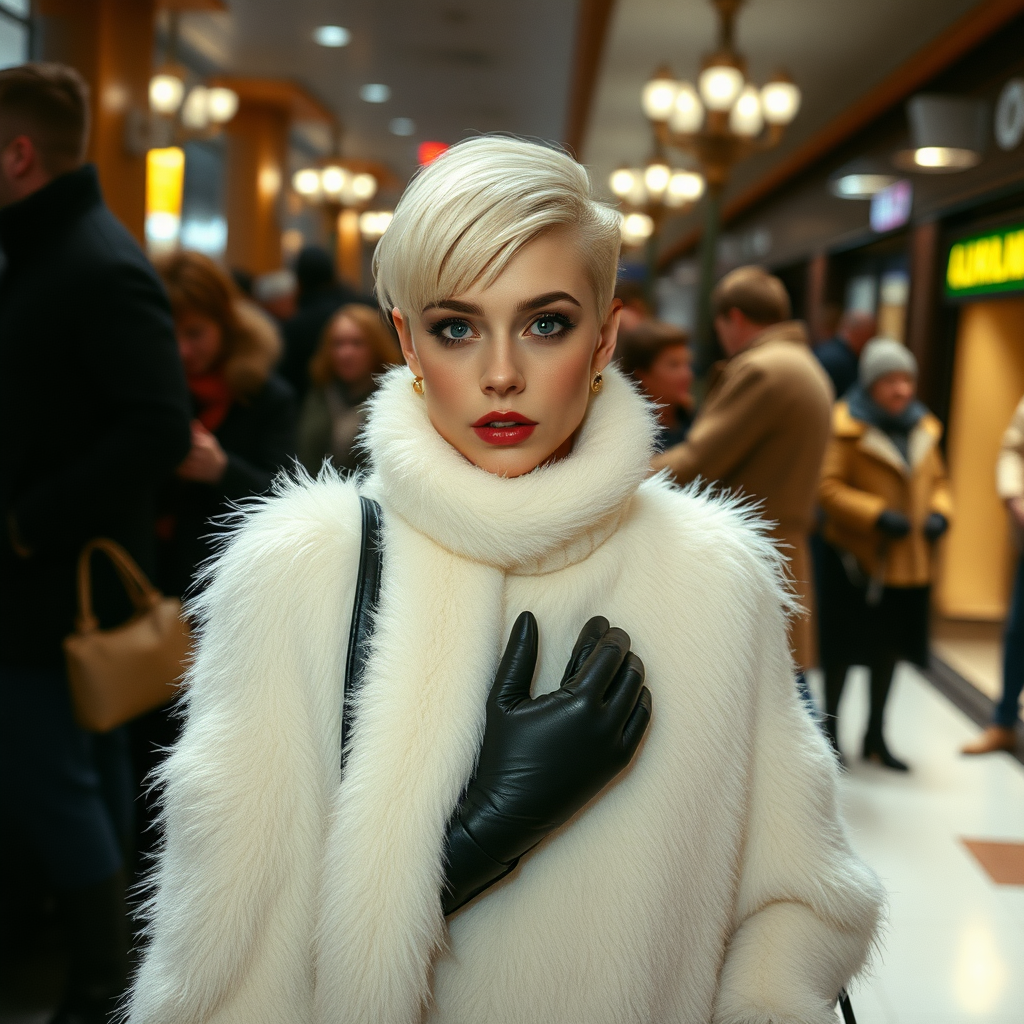 1990 winter evening, crowded cinema lobby: Sam, 19 years old beautiful involuntary femboy, rebellious intractable character, petite boyish figure, platinum blond boyish rebel punk hairstyle, flawless heavily made-up face with sharp arched tattooed eyebrows, wearing Supertanya-style fluffy very fuzzy bright white angora turtleneck-poncho fully covering body and arms, black leather high-heeled thigh-high boots, gold earrings, puzzled alarmed, black leather handbag, pout serious, impatiently waiting for her master. Focus on Sam’s face and turtleneck-poncho.