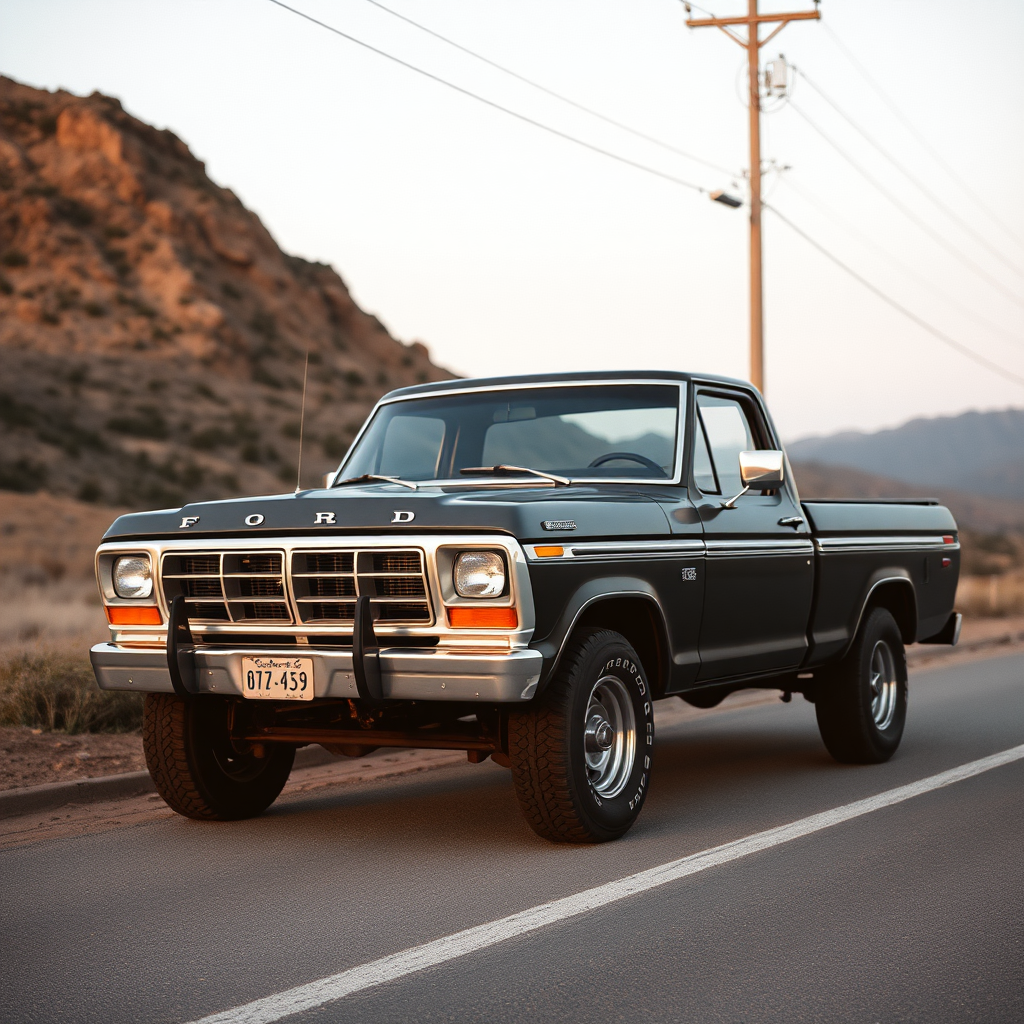 the car is parked on the side of the road, inspired by Taiyō Matsumoto, tumblr, restomod, nd4, c4 ford 4x4 pick-up