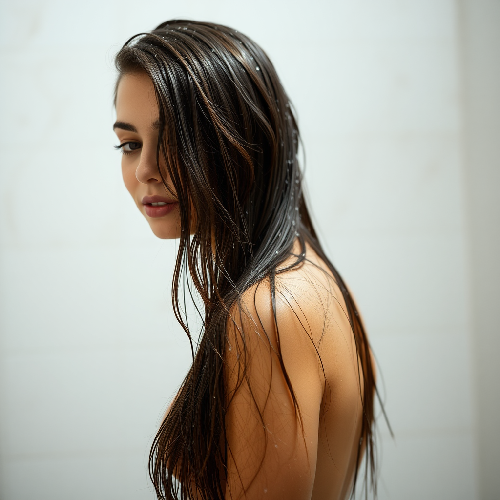 a young woman in the shower. Her long brunette hair is wet. photo