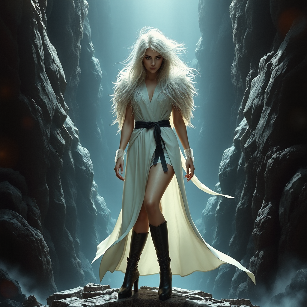 A female like (Ana de Armas). Messy long white hair. White robe, feathers, cloak, high heel ankle boots. Chasm in Ultima Underworld. Photorealistic digital matte painting, highly detailed, film grain, lens flare.