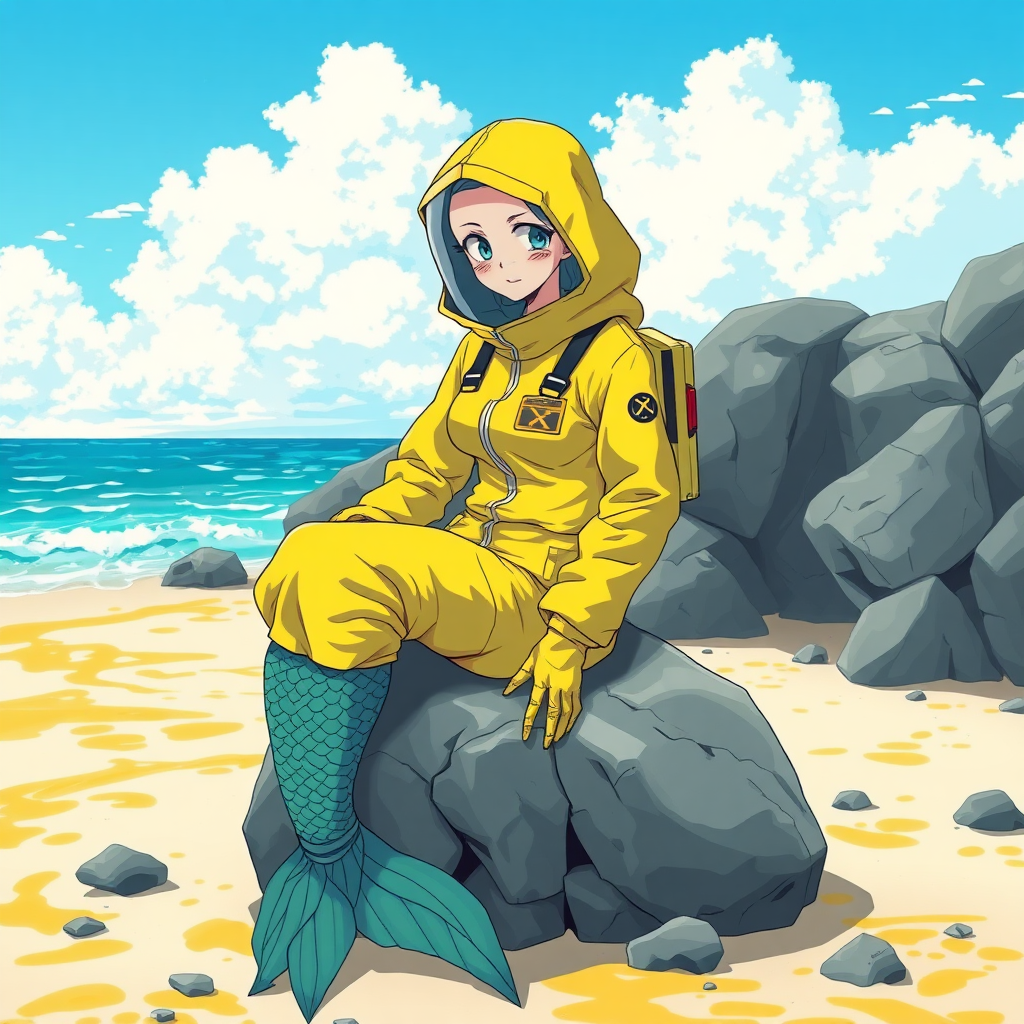 An anime female bald mermaid wearing a full hazmat suit with hood and face screen while sitting on top of a rock on a toxic looking beach.