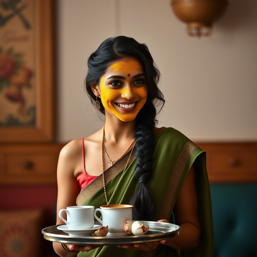 slim, 30 year old, sexy, indian wife, decorated hair braid, turmeric face mask. She is smiling and serving coffee on a tray to guests.