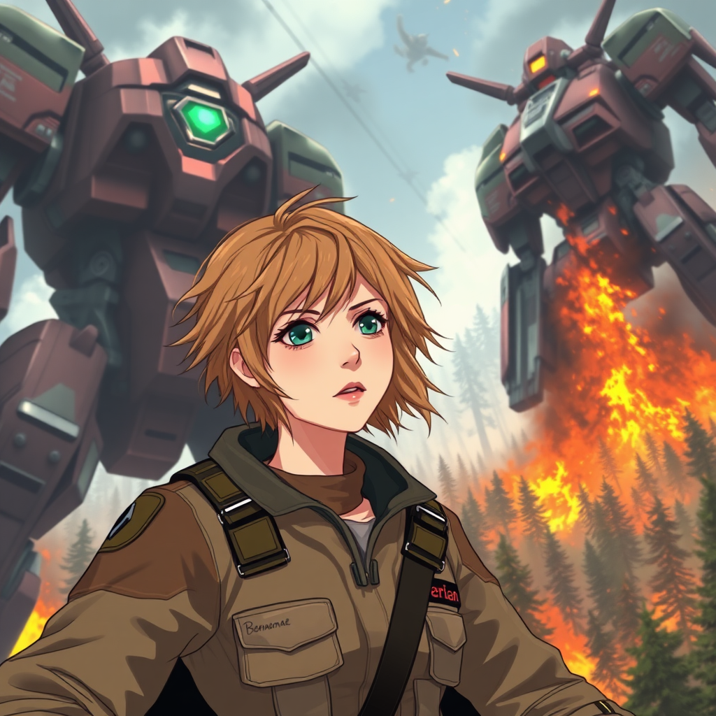 A girl with a face like (Ana de Armas), pale, no makeup, messy shoulder-length strawberry blonde hair, athletic, wearing a flight suit, "Benaenae" badge on the pocket. She is in a mech cockpit, and there is an intense battle between giant robots towering above the trees of a forest on fire.