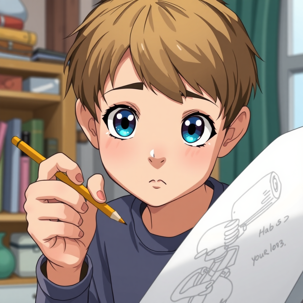 A 12 year old boy with short hair, big blue eyes. He has a concentrated look. He is holding a pencil in his hand and he is about to draw a drawing in his room. Anime style studio ghibli