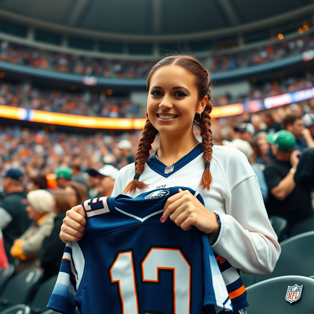 Attractive female NFL fan, pigtail hair, inside crowded bleachers, holding another jersey, NFL stadium