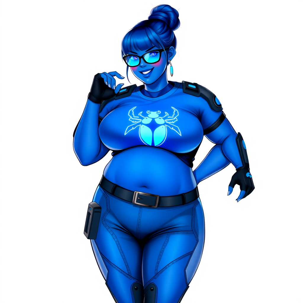 A 28-year-old, full-figured, vibrant, metallic maximum blue (5PB 5/10) skinned computer program hybrid with a tied bun of maximum blue hair. She has a non-athletic build, highlighted by a prominent, round, large midsection (with a full emphasis on her round large belly), which shows the effects of her love of junk food acquired from her boyfriend. As the full-figured, nerdy, digital sidekick to her cyberpunk vigilante boyfriend, her metallic maximum blue skin and maximum blue lipstick (5PB 5/12) emphasize her digital nature. Her skin has a subtle, animated glow, with digital patterns occasionally flickering across it, making her digital nature obvious. She wears a digital, computerized costume, consisting of a nano tech, gargantuan, tight-fitting, maximum blue t-shirt (5PB 5/12) with a neon blue glowing chest icon of a beetle, hi-tech shoulder pads with neon blue accents, a black hi-tech belt with a digital neon blue glowing buckle, digital maximum blue pants (5PB 5/12) with neon blue accents, and black hi-tech fingerless biker gloves with neon blue glowing accents. Her neon blue glowing eyes, black eyeglasses with neon blue glowing lenses equipped with a built-in HUD, and bashful smile with neon red blush accentuate her nerdiness. She stands bashfully with one hand behind her back and the other hand gently touching her cheek, her costume covering all her skin and fully emphasizing her full-figured physique (especially her midsection). She is clearly non-athletic, with a focus on her full-figured physique. Despite her build, she radiates beauty. She has a slim face compared to her physique, accentuating her radiant beauty. She is on a solid white background. She is drawn as if she were in a retro 2D cyberpunk fighting game. Ensure her skin has a maximum blue (5PB 5/10) skin tone. The t-shirt is made from advanced nanotech.