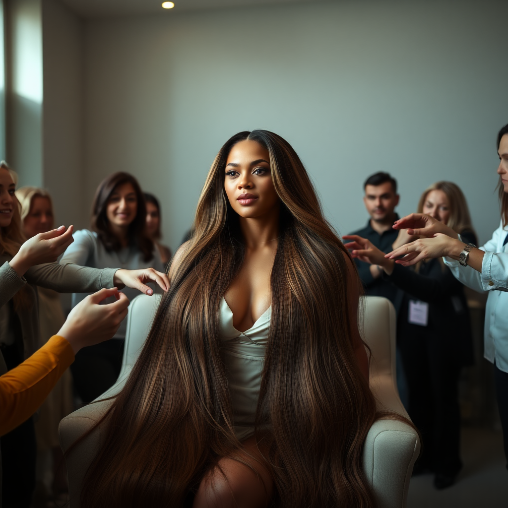 In an elegant, sunlit salon, adorned with soft, minimalistic decor, the stunning Beyoncé sits gracefully in a plush chair, her incredibly long, luxurious hair cascading like a flowing waterfall of silk down her shoulders and past her waist. The gentle glow of overhead lights highlights the rich, deep hues of her hair, each strand reflecting the brilliance of the space around her.

As an interactive long hair fetish performance art exhibit unfolds, curious visitors gather around, their eyes alight with fascination and excitement. Some eagerly reach out, gently grasping her hair between their fingers, feeling the smooth texture slip through their hands, while others playfully tug at it, testing the boundaries of their interactions. Each movement is accompanied by a symphony of soft gasps and murmurs of appreciation, enhancing the atmosphere of intimacy and connection.

The background is a simple, unobtrusive gray, allowing the artistry of the moment to take center stage. The air is charged with a sense of wonder and exploration, as visitors not only admire Beyoncé's hair but also engage in this tactile experience, deepening their understanding of the artistry behind her presence. Her expression is a mixture of serenity and playful engagement, reflecting her comfort and trust in this unique performance, ultimately creating a captivating scene where art and audience intertwine seamlessly.