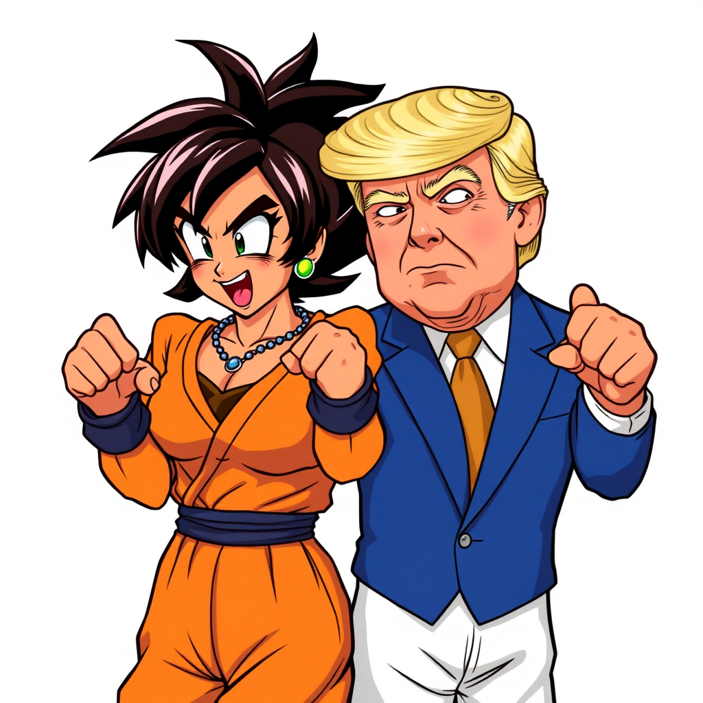 Dragon ball style Kamala Harris and Donald Trump mimic fusion position