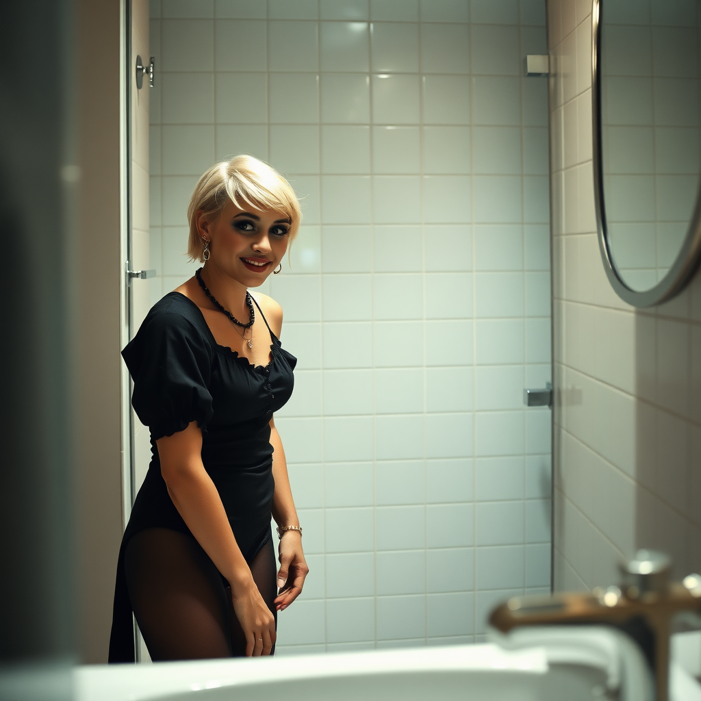 photorealistic, ultra high resolution, 16K, surreal fantasy, studio lighting, a 35 year old mother who is fully dressed for work is watching her pretty 14 year old goth son, slim male physique, short blonde hair, goth makeup, earrings, pantyhose, white ballet shoes, in the bathroom, excited smile, facing the camera.