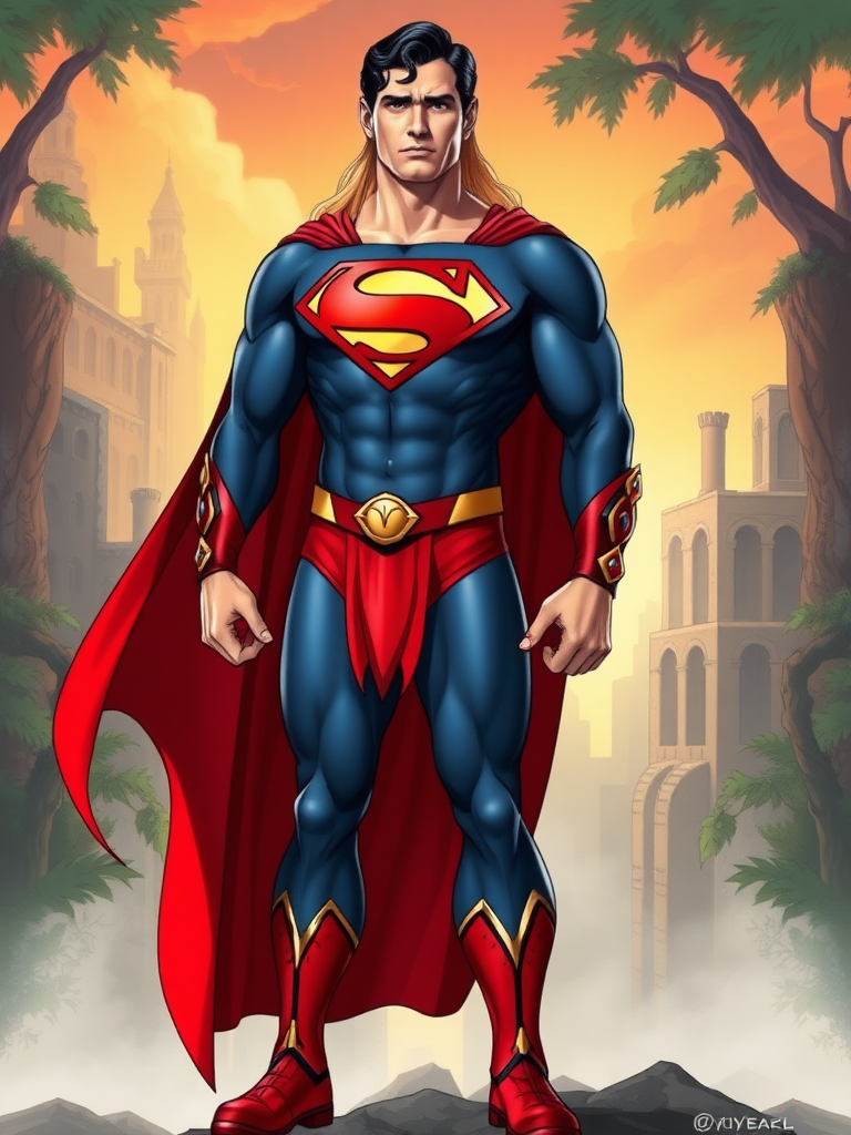 Create a full-length image of Superman featuring Cheetara's feminine figure from Thundercats. Maintain Superman's head, hairstyle, and facial features. Retain Superman's costume while adding Cheetara's embellishments. Adjust the costume to accommodate the new body proportions. Design the background inspired by elements from both Superman and Thundercats, blending cityscape and jungle motifs for a cohesive scene.