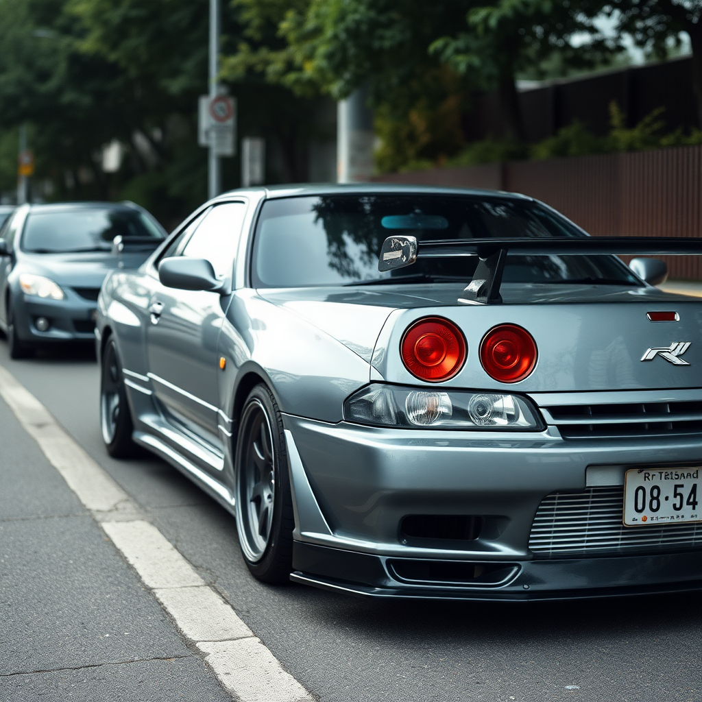 The car is parked on the side of the road, inspired by Taiyō Matsumoto, tumblr, restomod, nd4, c4 metallic shine gray black nissan skyline r34 kalabalik tokyo gece arkaplan