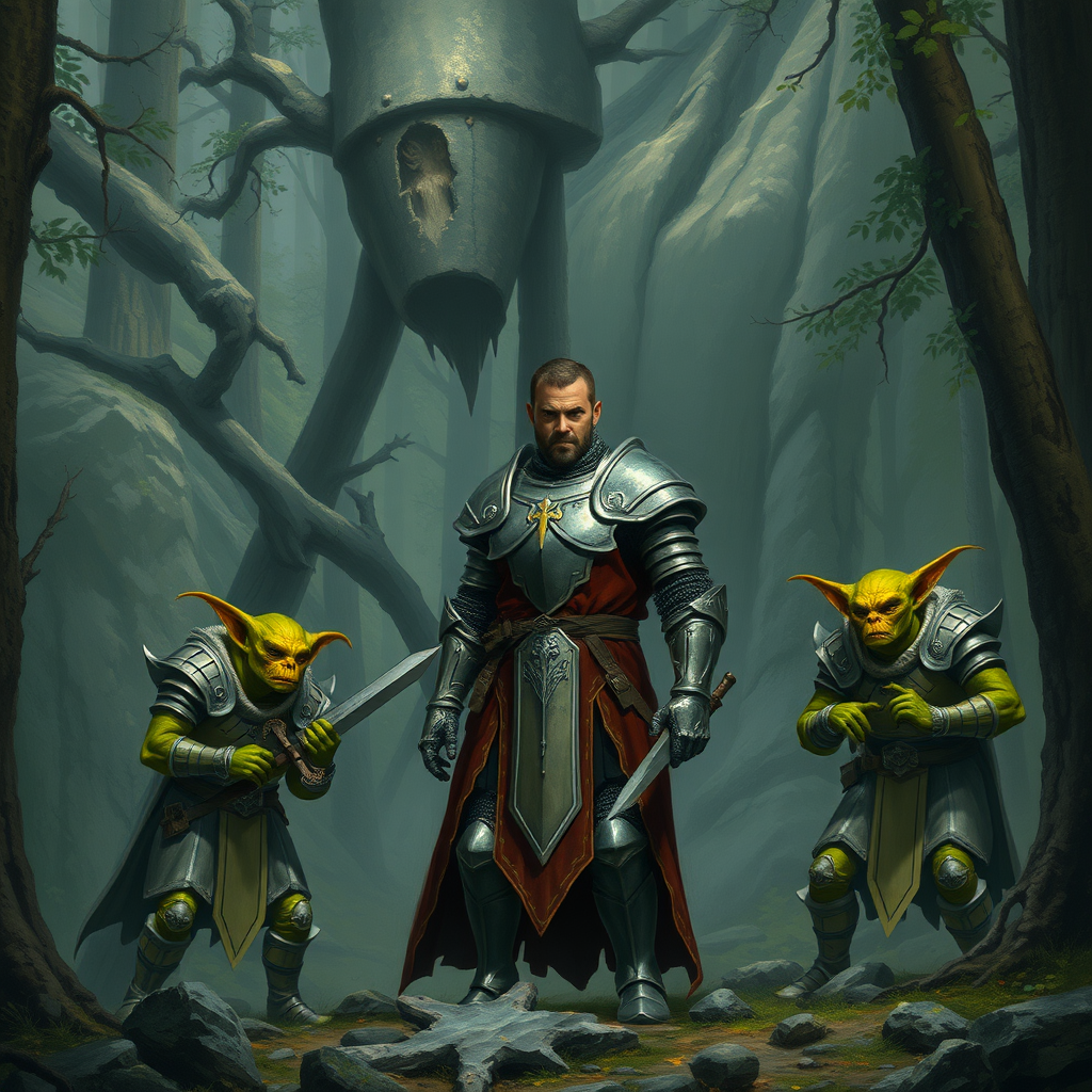 A man in full plate armor standing in a forest at the bottom of a stone cliff face with two greenish yellow goblin thieves in bone armor