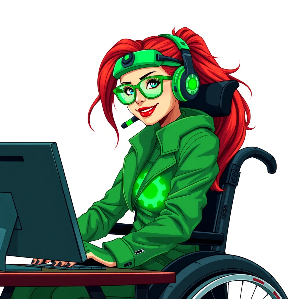 A nerdy, 29-year-old tech genius in a wheelchair, with a long fiery-crimson ponytail. She wears maximum green lipstick, bright blue eyes, and a hi-tech maximum green suit featuring a neon green glowing cog chest icon. She sports an emerald headset, and a neon green lensed HUD eyeglasses, and a lovestruck smile with neon red blush. She serves as her corrupt cyberpunk CEO's tech expert from his company's cybersecurity division, diligently working at her computer desk. The background is solid white. She is drawn as if she was in a retro 2D cyberpunk fighting game.