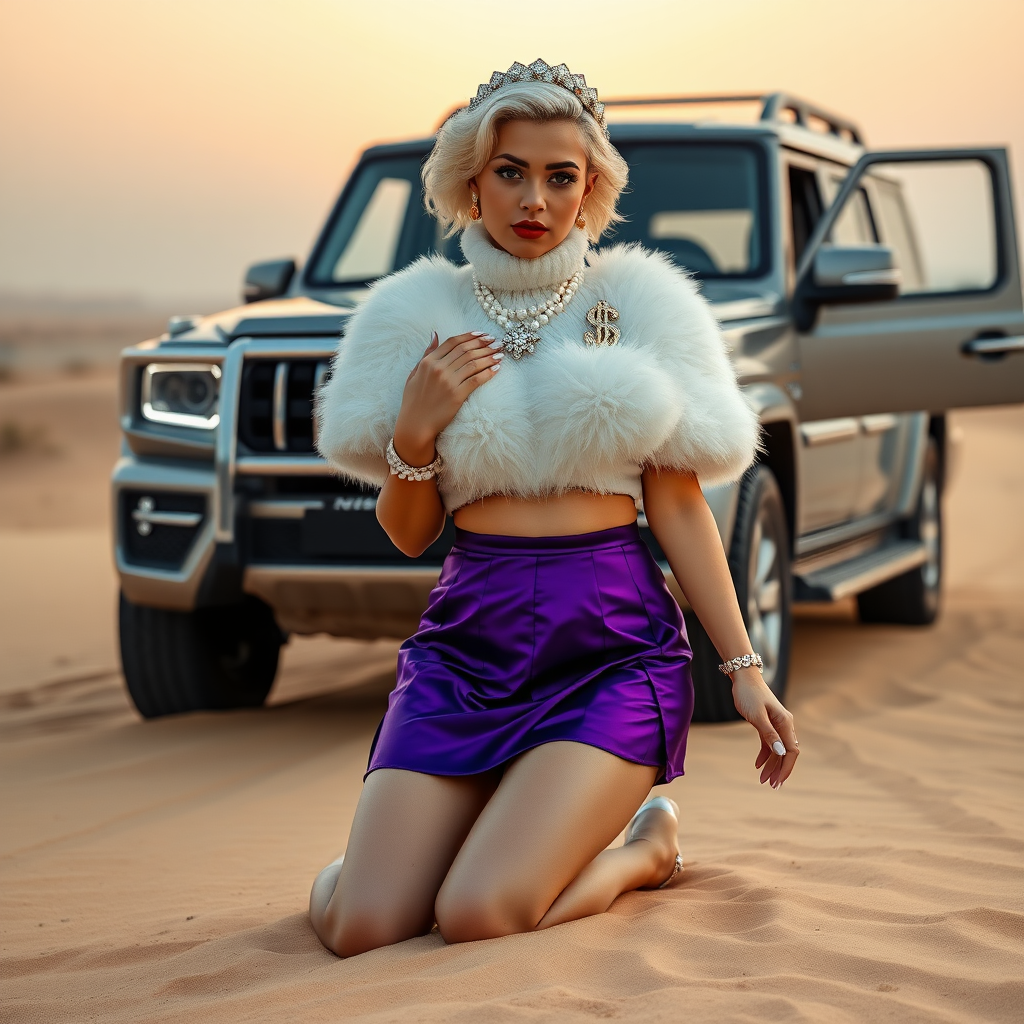 Kuwait desert dunes misty dawn, full size luxury SUV: Melissa, European 17 years old very convincing femboy “trophy-bimbo”, tamed servile docile, very beautiful feminine flawless face, rather short, by hormones very curvaceous womanly figured, platinum blond short tight curls, bold red lips, long white French nails, heavily made-up face, wearing Supertanya-style fluffy very fuzzy bright white angora turtleneck-poncho cropped ending under bust decorated with pearls and glass stones, very tight purple vinyl mini pleated skirt, white pearl belly piercing, full Oriental bridal jewelry including headpiece, coin wristlets, coin anklets, striking diamond “$$$” letter brooch on left chest, pout frustrated, kneeling in sand in front of SUV, looking at camera. Focus on face and turtleneck-poncho.