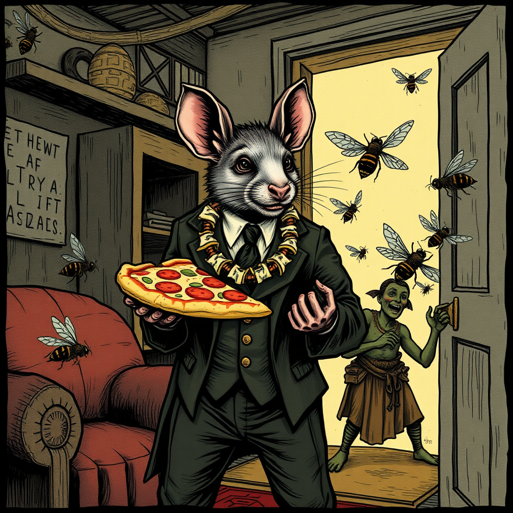 A well dressed handsome rat demon delivering Hawaiian pizza to angry bees in a decayed apartment, Chinese woodcut, Mormon