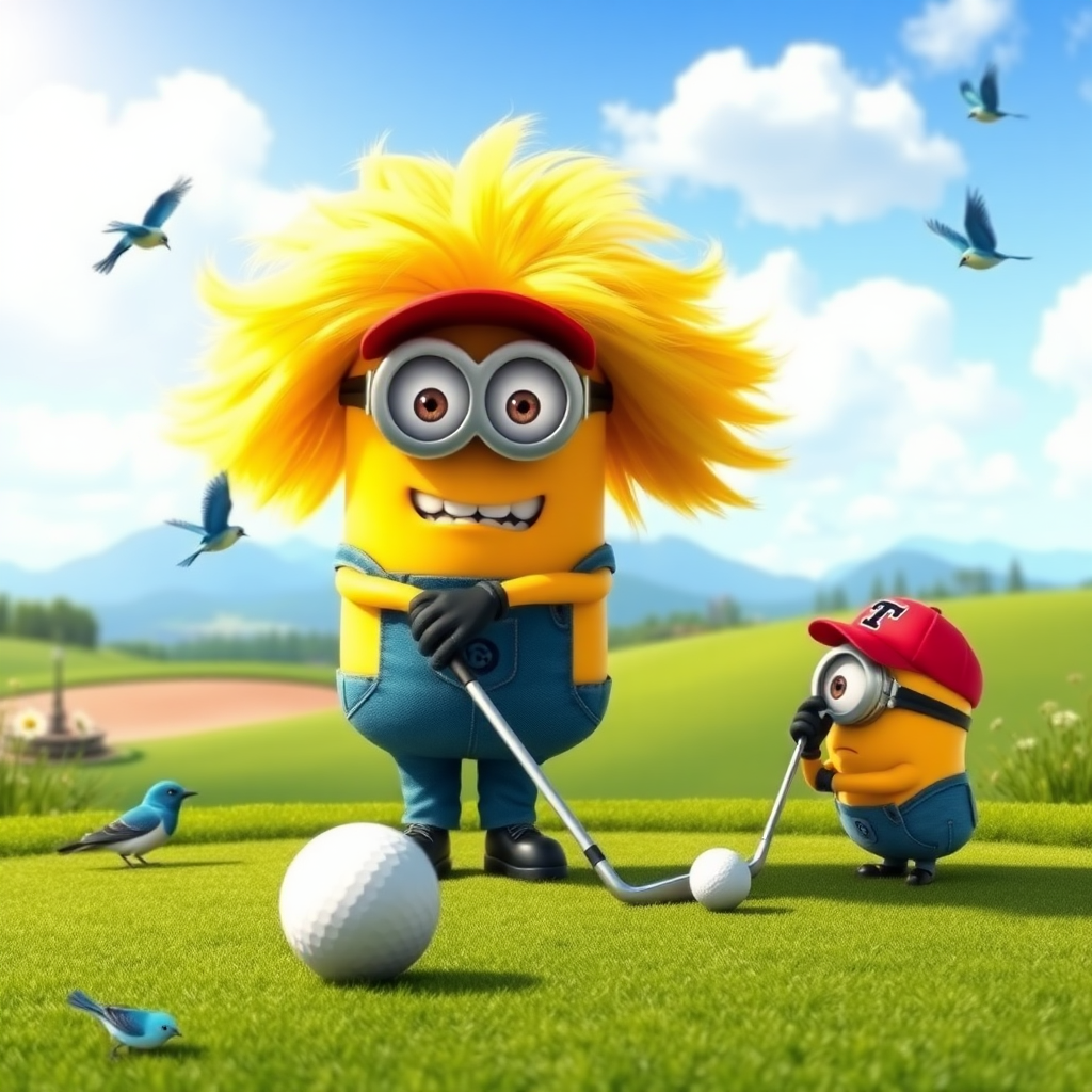 A minion from "Despicable Me" is playing golf on a beautiful golf course. He has a big bright yellow wig of hair. Another minion wearing a red ballcap with the letter "T" emblazoned on the hat is putting. There are bluebirds and sunshine, and the scene is beautiful and peaceful.