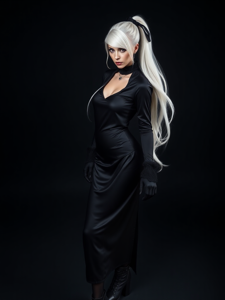 mature adult woman, skinny and tall, long legs, large shoulders, teardrop saggy small breast, long asymmetric undercut layered white hair, side swept bang, long white ponytail tied with a black lace, beautiful detailed face, piercing red eyes with intricate iris details, looking at the camera with a serious expression, wearing gothic style, black silk long sleeve top, black silk long skirt, black pantyhose, black gloves, black ankle boots, standing in a fierce pose with her head held high