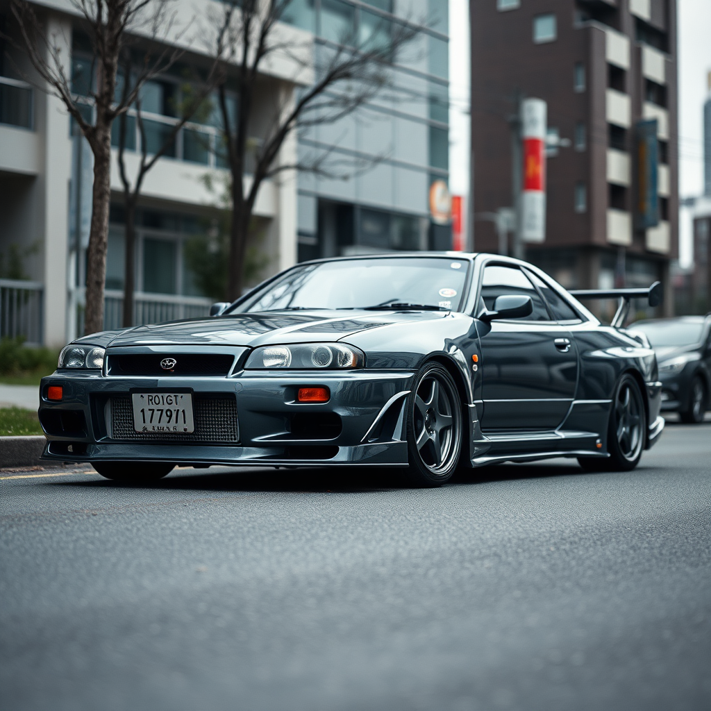 The car is parked on the side of the road, inspired by Taiyō Matsumoto, tumblr, restomod, nd4, c4 metallic shine gray black nissan skyline r34 tokyo arkaplan hatasız tam eksiksiz ayrıntılı genel gerçek detaylar en iyi fotoğraf poz sinematik hafif yağış su damlalar yansıma ıslak yol need for speed tarzı body kit