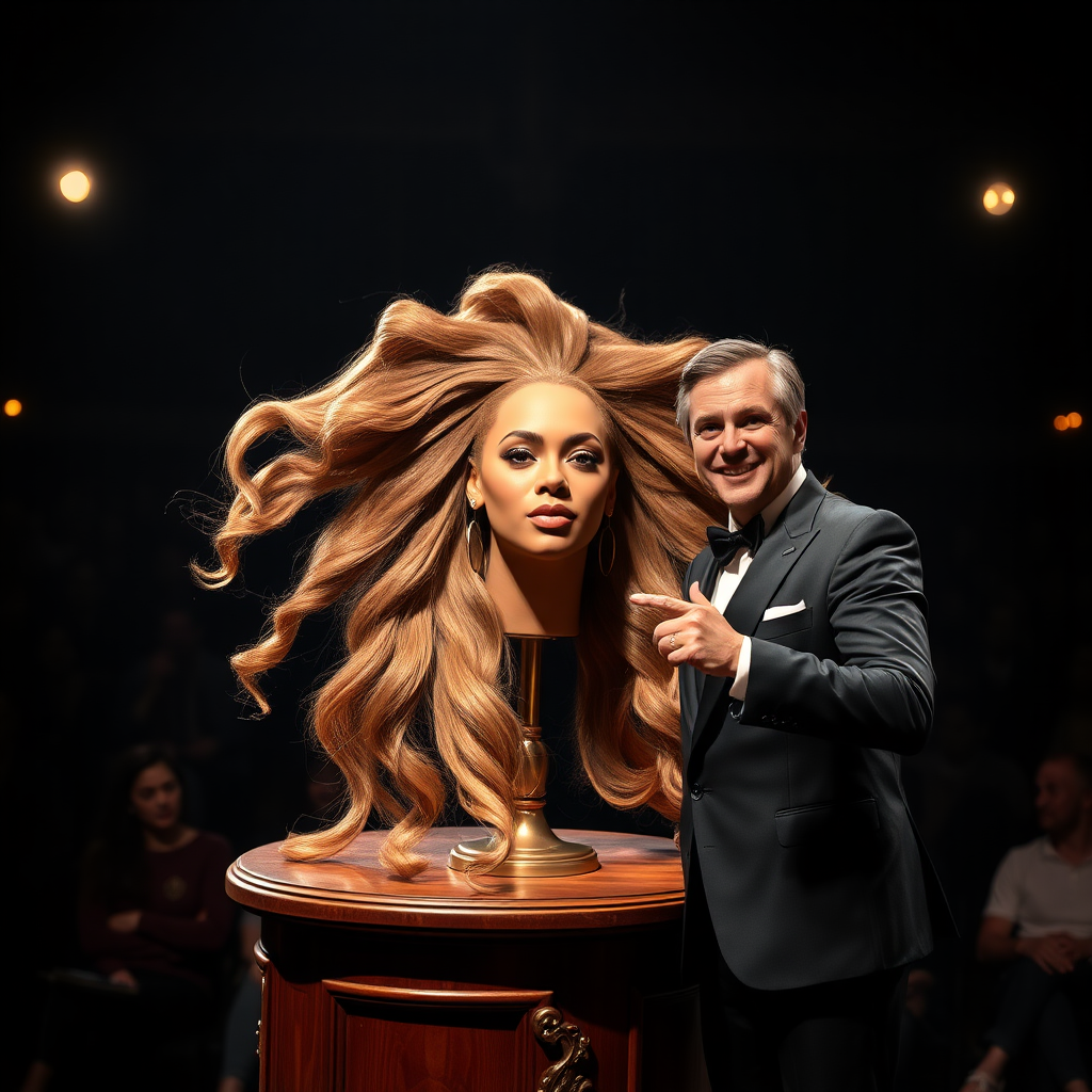 In a dimly lit theater, the atmosphere crackles with anticipation, the audience's murmurs a blend of curiosity and skepticism. On a grand, elegantly adorned display stand sits the disembodied head of the enchanting Beyoncé, her radiant skin glistening under the soft, warm glow of the spotlight. Her striking features are perfectly framed by cascading locks of lustrous, very long hair that shimmer with hues of light brown and hints of rich mahogany, reminiscent of polished silk.

Standing beside her is the magician, a charismatic figure in a sharp, tailored suit that glints with sequins in the light. With theatrical flair, he holds her voluminous hair aloft, fingers splayed wide, deftly spreading it out like a shimmering waterfall, mesmerising the audience. The hair flows like liquid night, each strand capturing the light as it falls gracefully to the ground, creating a stunning, almost surreal contrast against the stark wooden stage.

The magician’s face is lit with a confident smile, his eyes sparkling with the thrill of the performance, as he engages the audience with playful banter. Their gasps and laughter echo throughout the room, a symphony of wonder and disbelief. The scent of polished wood and fresh popcorn wafts through the air, mingling with the underlying electricity of the moment. Time seems to stand still as the audience leans in, captivated by the spectacle, a seamless blend of illusion and artistry that promises to defy reason and ignite imagination.