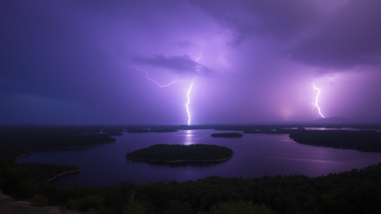 photo, lakes, nature, purple sky, lightning