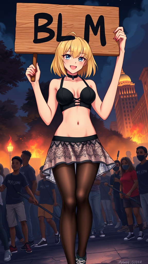 Anime art of a woman, medium blonde hair, a black, sleeveless crop top that reveals the woman's black bra and a high-waisted, wicked smile, large breast, patterned transparent mini skirt that showcases a mix of black and white colors. She is also wearing black sheer tights and black sneakers with white laces, holding wooden sign in 2 hands which says "BLM" in air. Park and 1 building on fire at night from riots background, groups of rioters pull down her skirt revealing her black-laced underwear.