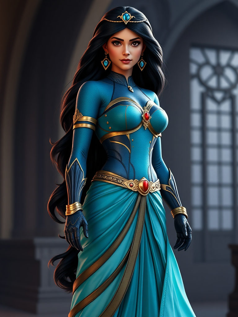 Generate a full-length photorealistic render of Princess Jasmine featuring the body type of Nightwing. Preserve Jasmine's head while adjusting the body structure and silhouette to reflect Nightwing's physique. Alter the costume to suit the new body type, ensuring it complements her character. Set the scene in an appropriate background that resonates with the themes of both Princess Jasmine and Nightwing, integrating elements from their respective stories. Focus on lighting, textures, and details to create a vivid, lifelike image that highlights the fusion of these two iconic characters.