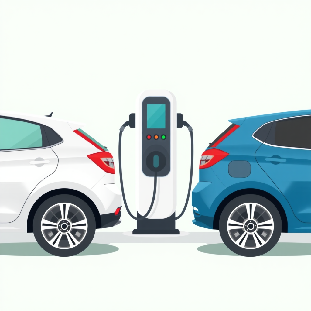 A symmetrical simple flat illustration of an EV charger with two cars connected, cars are fully visible, one on each side of the charger.