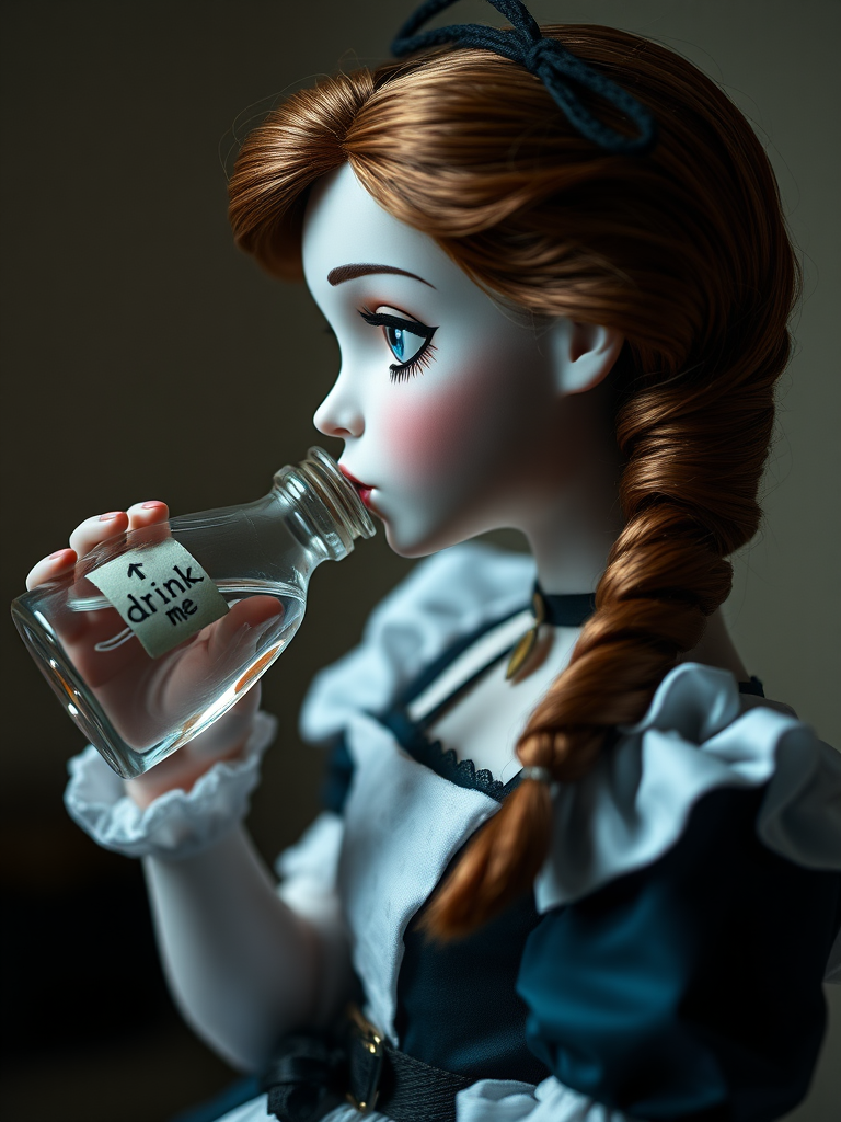 Alice in Wonderland, drinking from a flask that is labeled "drink me", in profile, ooak art doll, artist doll, realistic doll, life-like porcelain doll, unique personality, stunning eyes, bisque doll, portrait photography, low key lighting, depth of field, studio photography, full body shot, lively pose