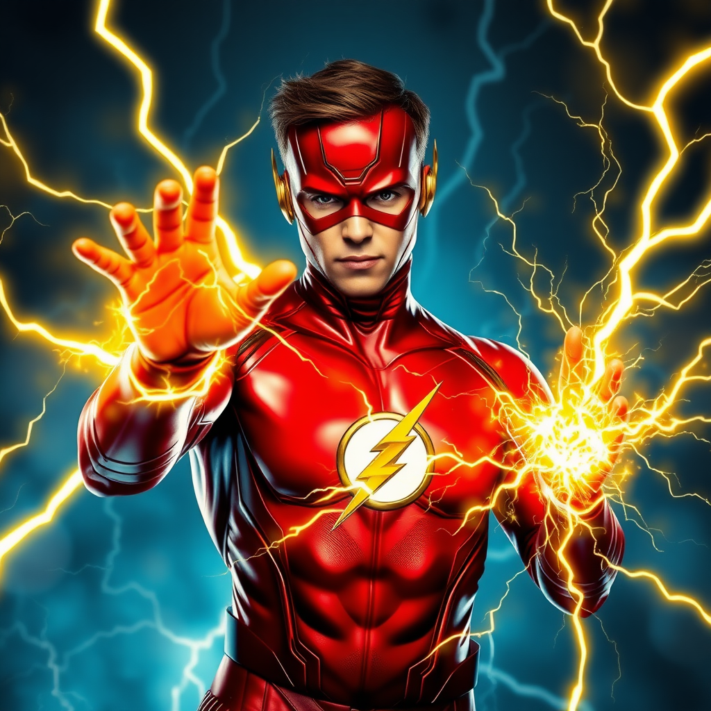 Grant Gustin's Flash, inside the surreal Speed Force, channels immense energy through his hands as he hurls a bright yellow lightning bolt. The crackling, electric energy pulses from his fingertips, illuminating the surrounding area with a cinematic glow. The vibrant yellow bolt arcs across the Speed Force’s warped, ethereal environment, splitting through the electric-blue haze with explosive detail. Flash's red suit gleams with hyper-detailed realism, the texture of his suit and the veins of energy visible as they pulse through his body, merging with the Speed Force around him. His face is intense, fully immersed in the power coursing through him as he directs the lightning.