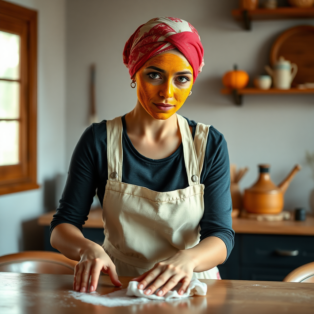 slim, 30 year old, sexy, french maid, short scarf head, turmeric face pack. She is cleaning a table with a cloth