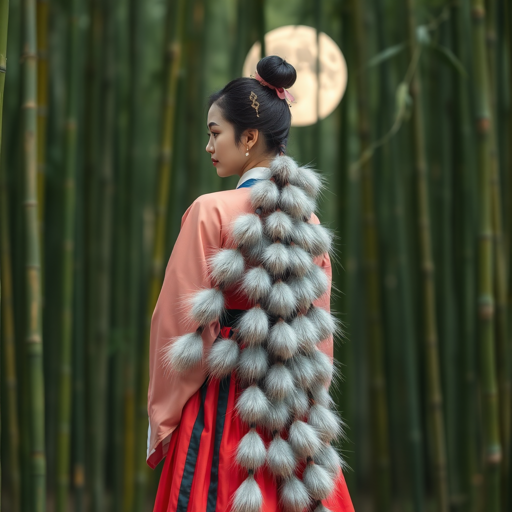 A Korean Woman in an ancient Hanbok with nine one meter long silver bushy foxtails that comes off her middle ass, in front of the full moon in a bamboo forest.