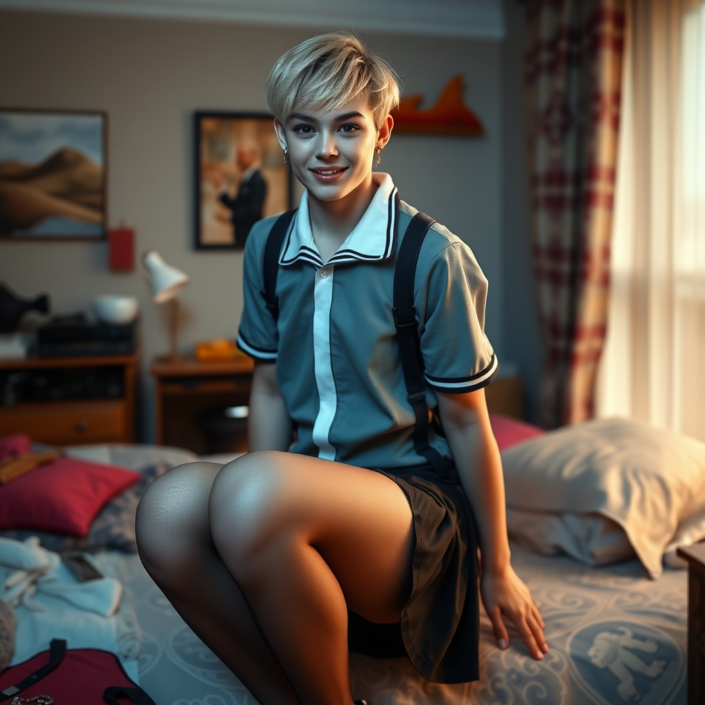 photorealistic, ultra high resolution, 16K, surreal fantasy, soft studio lighting, a pretty 16 year old goth male, slim male physique, short blonde hair, goth makeup, earrings, sheer pantyhose, UK girls-school uniform, Mary-Jane shoes, in the bedroom - , excited smile, facing the camera.